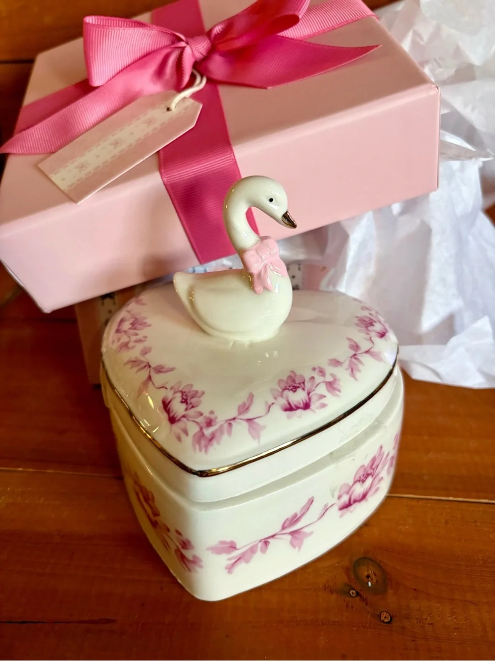 Porcelain Swan Heart Jewelry Trinket With Gift Box, Pink Floral Romantic Gift